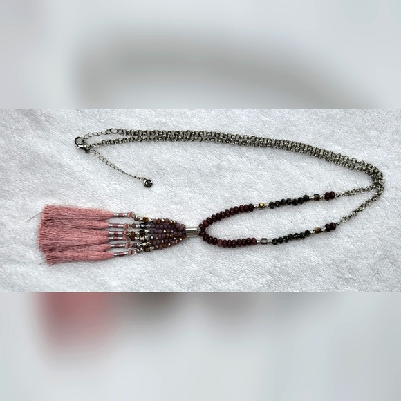 CATO Rose Pink and Silver Beaded Tassel Necklace - Picture 3 of 6